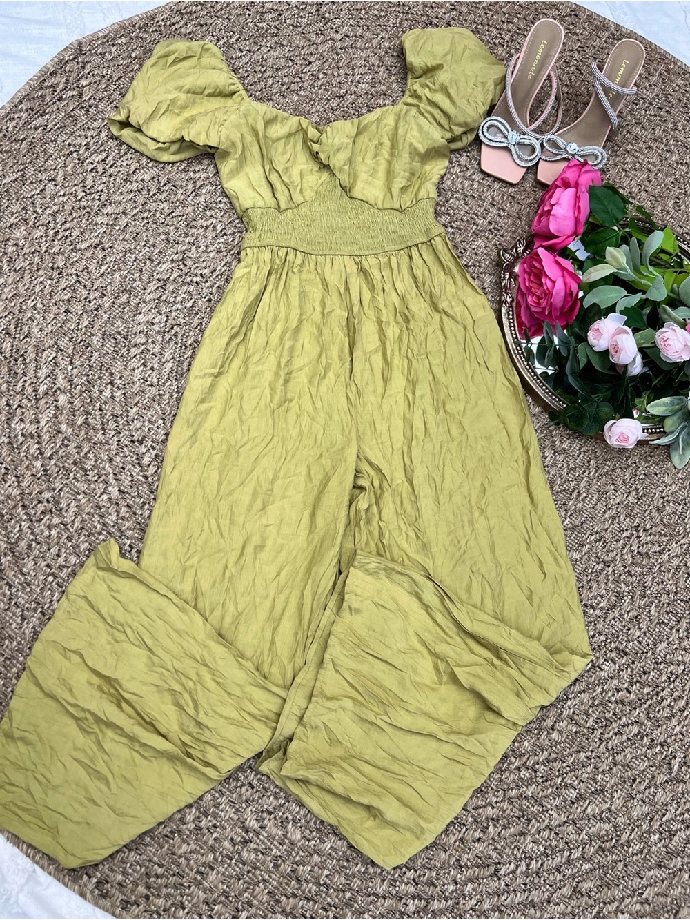 bailey blue Olive Green Puff Sleeve Jumpsuit